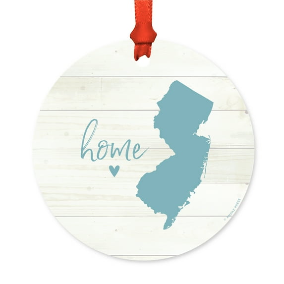 US State Round Metal Christmas Ornament, Rustic Light Wood Print, New Jersey Home, Includes Ribbon and Gift Bag
