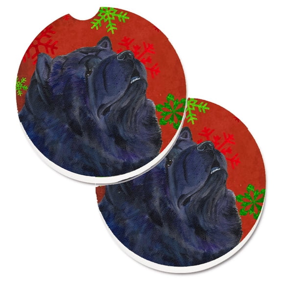 Chow Chow Red and Green Snowflakes Holiday Christmas Set of 2 Cup Holder Car Coasters