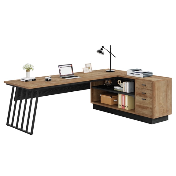 Fnova 71" L-Shaped Executive Desk with Storage Drawers and Open Shelves, Industrial Office Desk Writing Desk with File Cabinet, Spacious Corner Computer Desk for Home Office