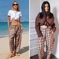 thumbnail image 5 of Plaid Barrel Pants for Women Summer 2026 Casual Loose Wide Leg Lounge Trousers Striped Capri with Pockets Light Brown L, 5 of 7