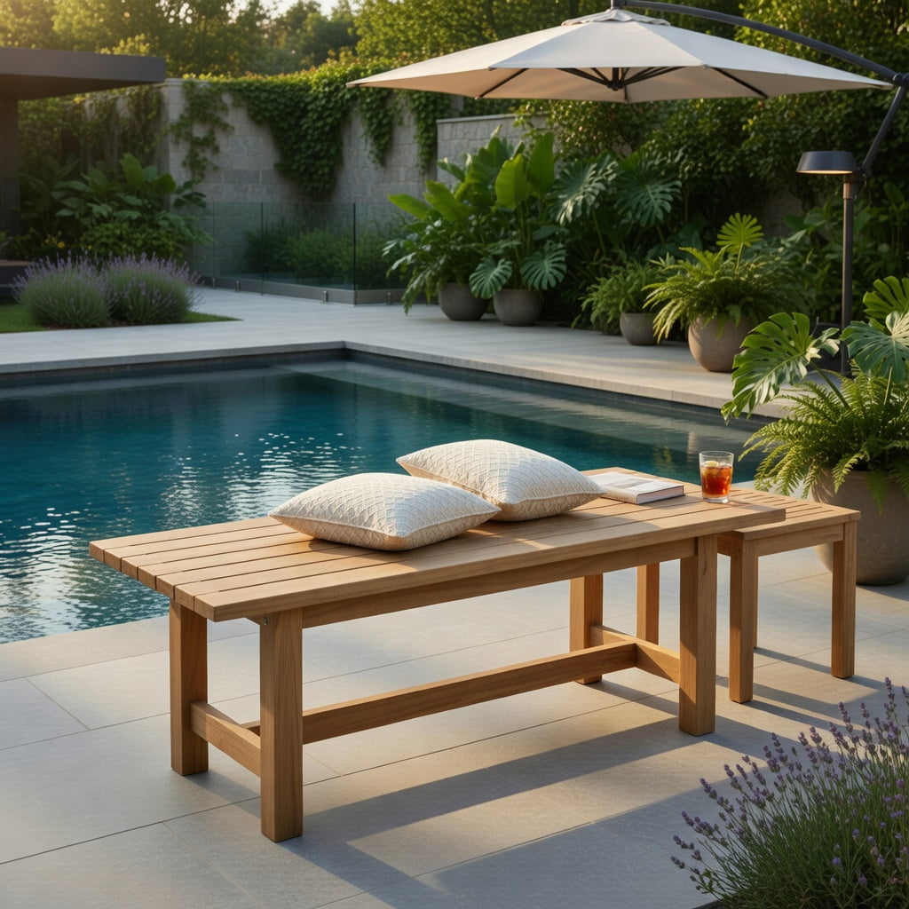 Hommoo Teak Wood Outdoor Bench, H-Frame Backyard, Porch & Poolside Seating for 2, Weather-Resistant Sustainable Hardwood, Natural