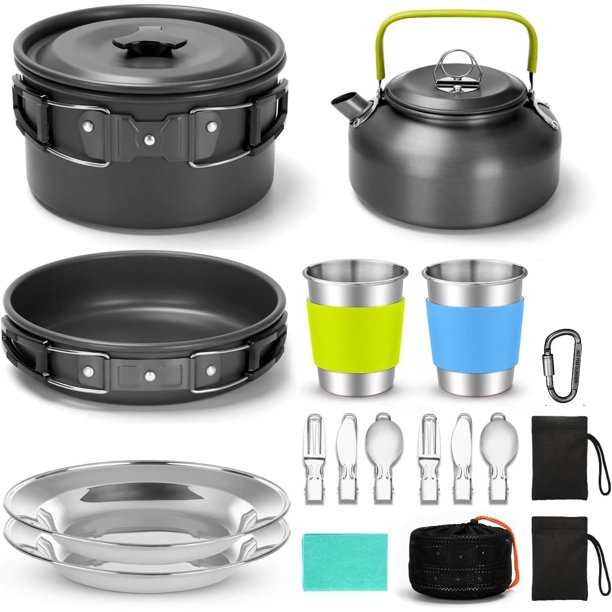 Kit de Cocina Camping Portatil, 16Pcs Utensilios de Cocina para Camping Ligeros Antiadherentes con Cubiertos de Acero Inoxidable para Acampar, Mochileros, Cocinar al Aire Libre