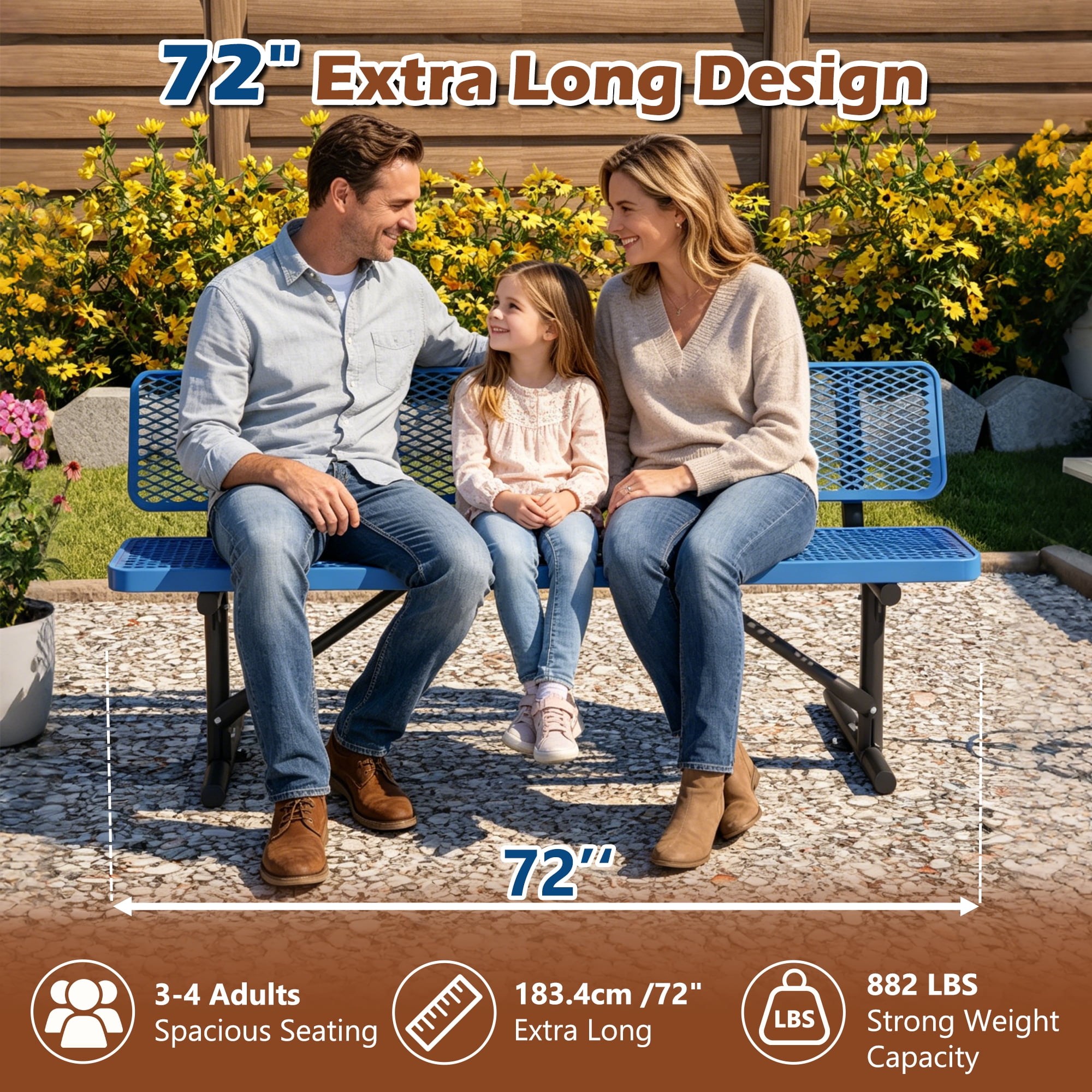 72" Outdoor Picnic Bench for 3-4 Person,All Weather Metal Outdoor Dining Chair for Garden,Patio,Park,School,Blue