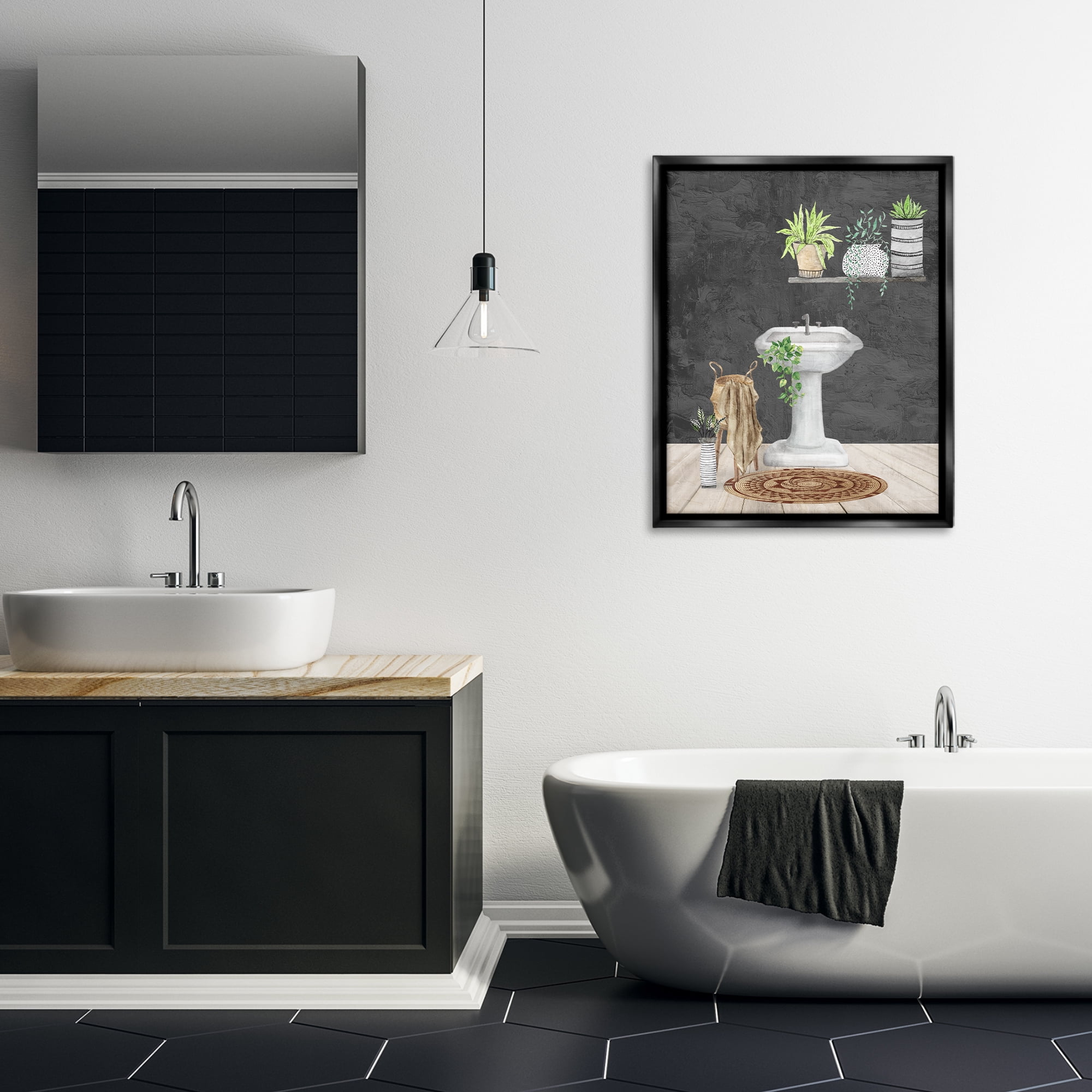 Stupell Industries Relaxing Bathroom Scene Bath & Laundry Painting Black Floater Framed Canvas Art Print Wall Art, 25 x 31