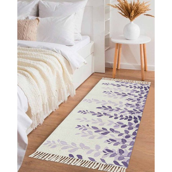Purple Ombre Botanical Hallway Runner Rug 2x5ft,Watercolor Country Pastoral Leaf Washable Woven Living Room Bedroom Kitchen Bathroom Carpet with Tassels,Indoor Outdoor Throw Door Mat for Entryway