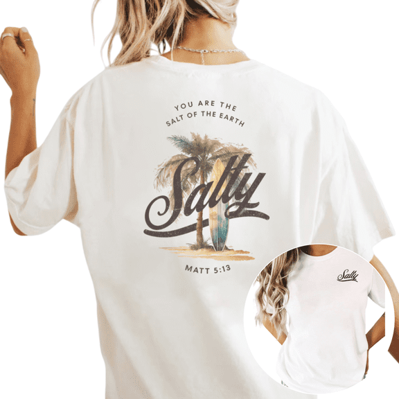 Women's "Salty Salt of the Earth" Surfing Beach Graphic T Shirt Vintage Coastal Christian Short Sleeve Round Neck Top White S-5XL
