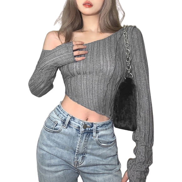 Lucakuins, camiseta informal de manga larga para mujer, camisetas de ombligo expuestas irregulares con hombros oblicuos de Color sólido a la moda Lucakuins moda
