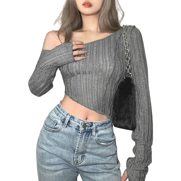 Txlixc - Camiseta informal de manga larga para mujer con hombros oblicuos y ombligo descubierto irregular Txlixc Sexy