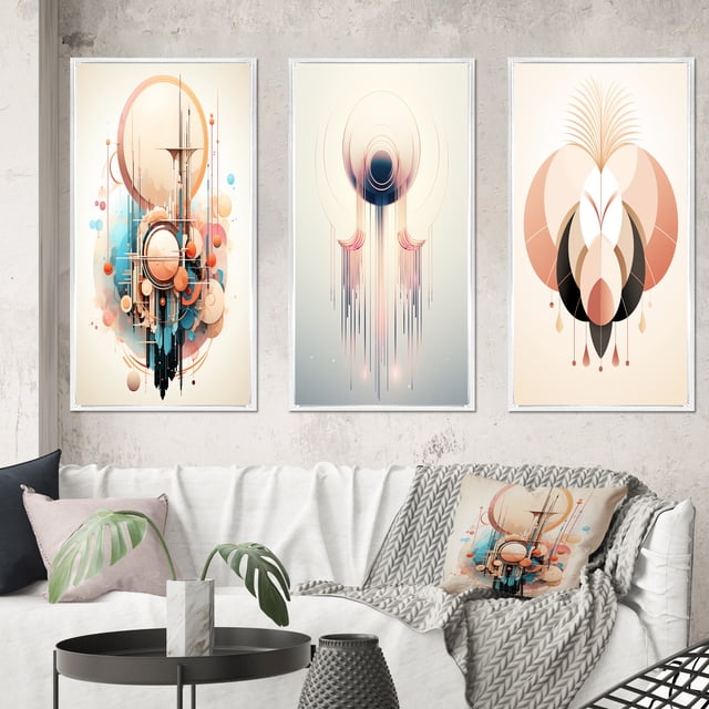 Designart "Boho Geometric Abstract Rebirth" Modern Geometric Framed Wall Art Set Of 3 - Pink Abstract Frame Gallery Wall Set For Home Decor