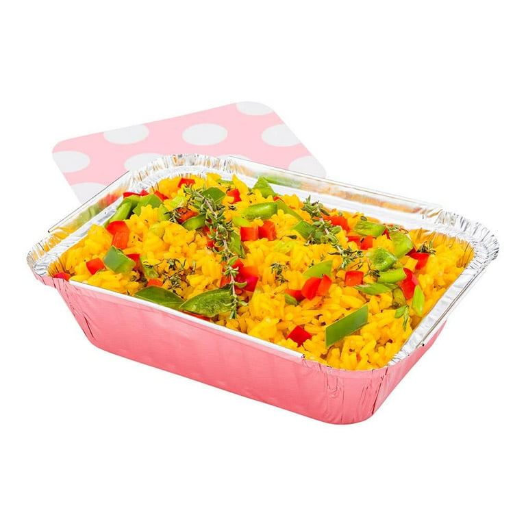 16 oz Rectangle Pink Aluminum Take Out Container - with Polka Dot Paper Lid  - 7 1/4 x 5 1/4 x 2 - 200 count box