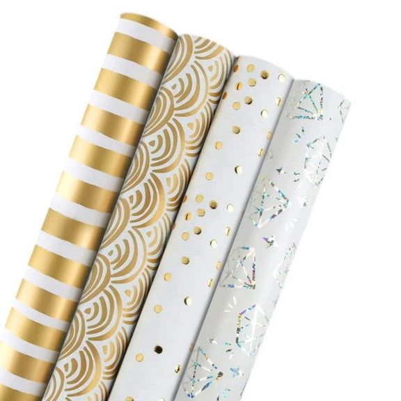 LaRibbons 30" x 10' Wrapping Paper Bundle (4 Roll Pack) | White/Gold/Silver Diamonds/Dots/Rainbows/Stripes