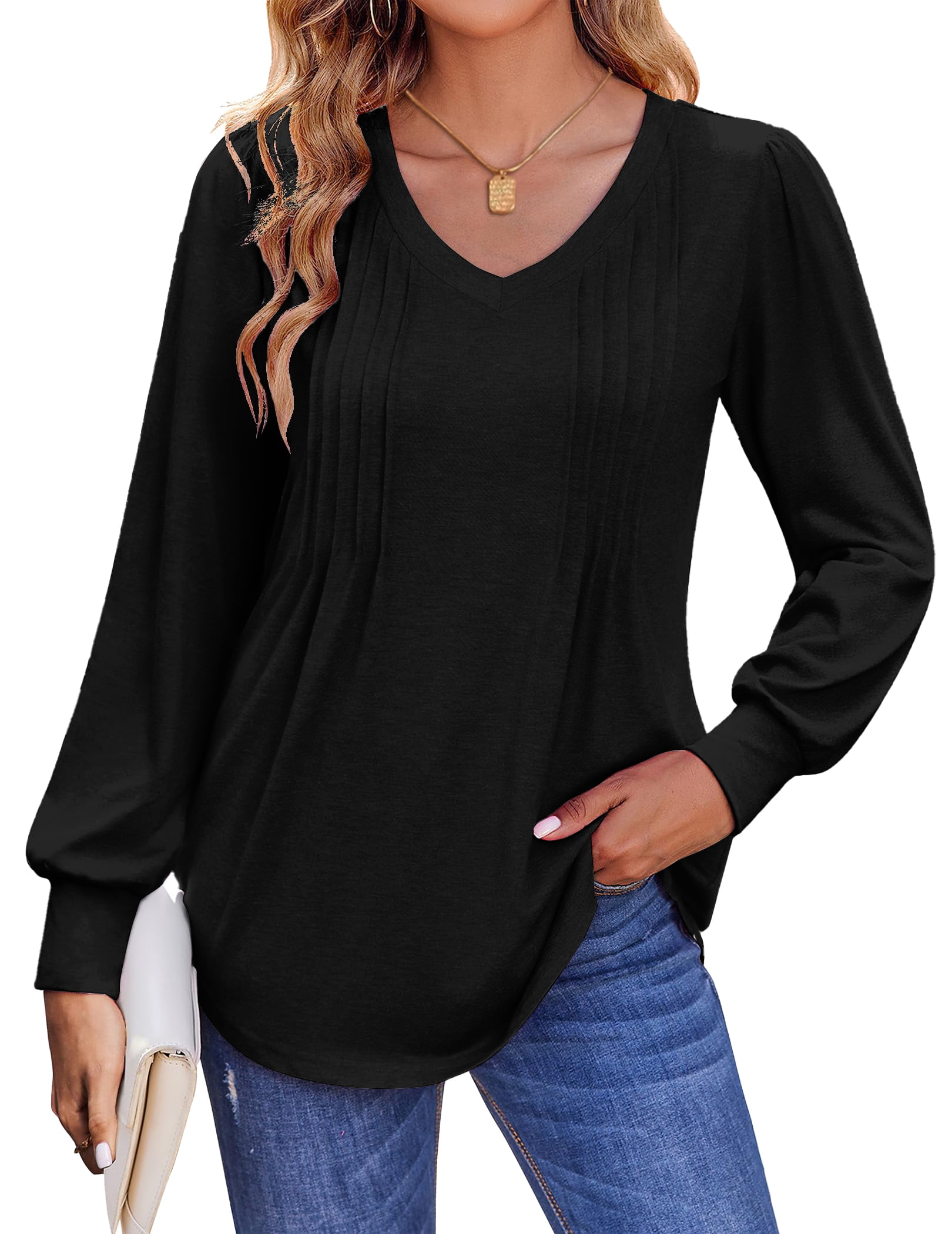 Bpbtti Women's Long Sleeve Tops - Trendy Pleated Square Neck Tunic Blouse For Casual Fall & Winter Wear - View #12
