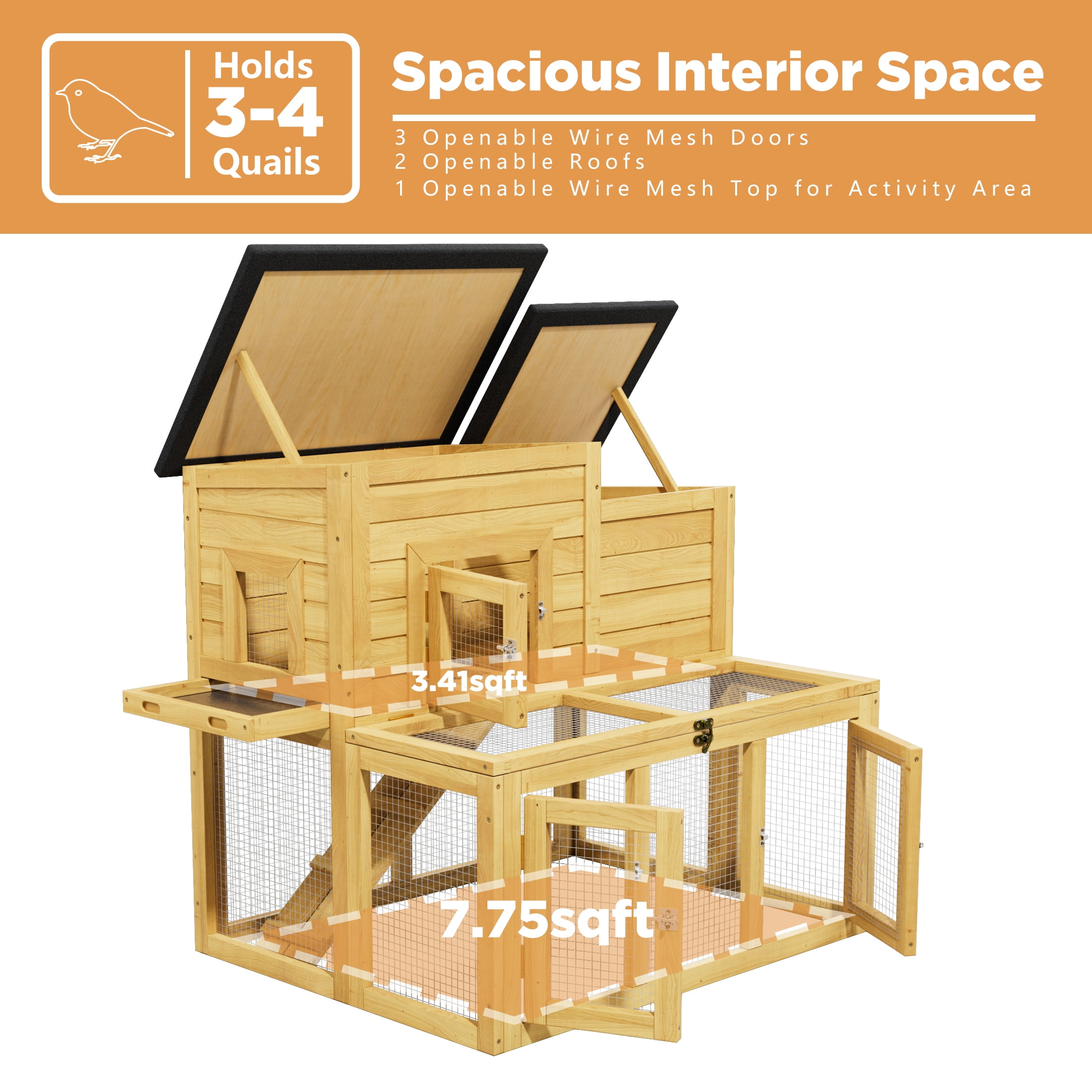 Large Outdoor Wooden Quail Cage Rabbit Hutch Chicken Coop with Run & Ramp，2 Tier