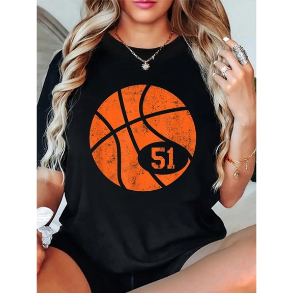 Basketball Classic Sport 51 Jersey Number Vintage Distressed T-Shirt casual short sleeve crew neck cotton tee tops for women