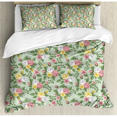 English Rose Bedding Romantic Duvet Cover Set, English Garden Art Themed Floral Details Pattern with Romantic Roses, Decorative Bedding Set with Pillow Shams, Pale Green Multicolor, by Ambesonne ()