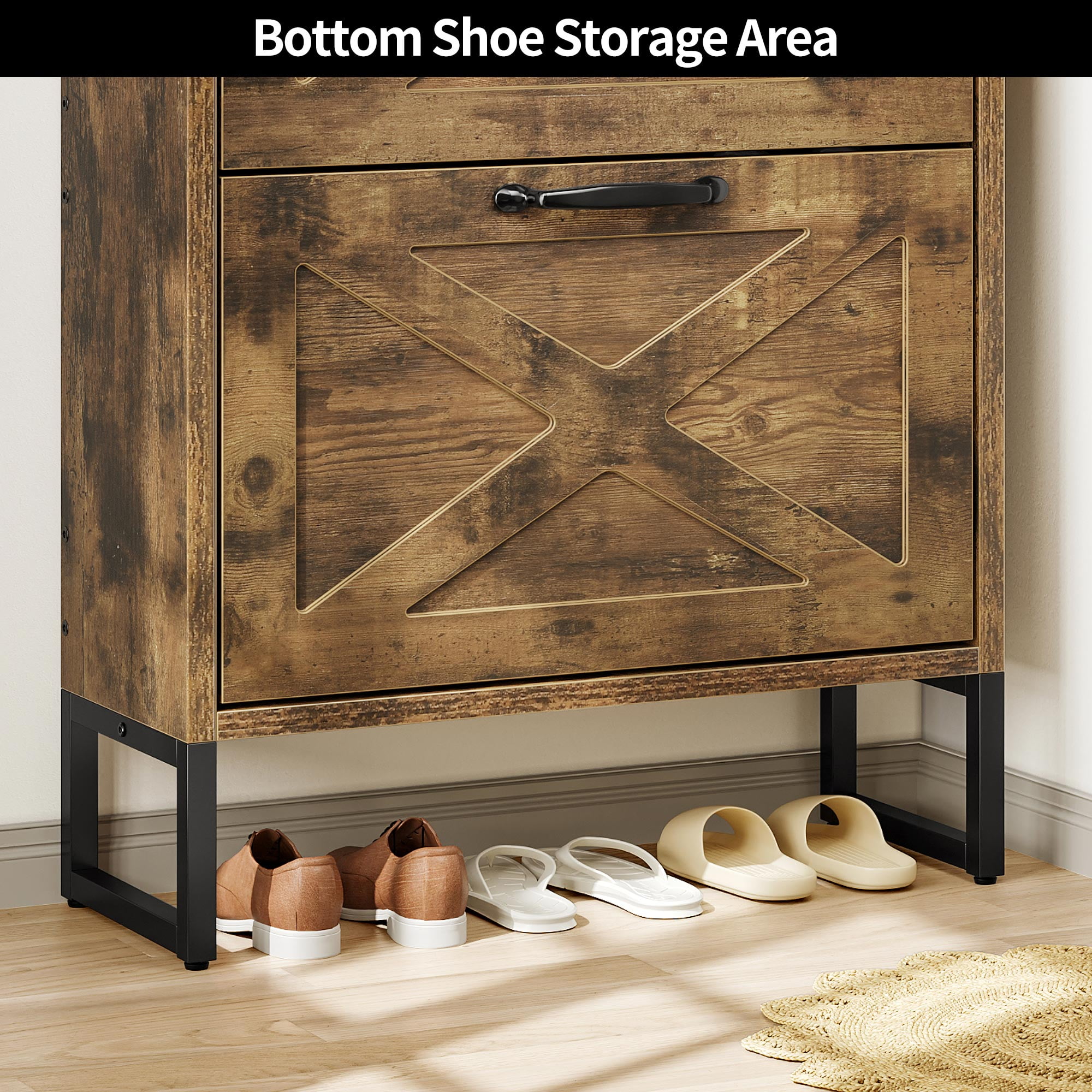 Uforic Shoe Cabinet with 2 Flip Drawers, Farmhouse Narrow Shoe Rack Organizer with Metal Legs, Brown