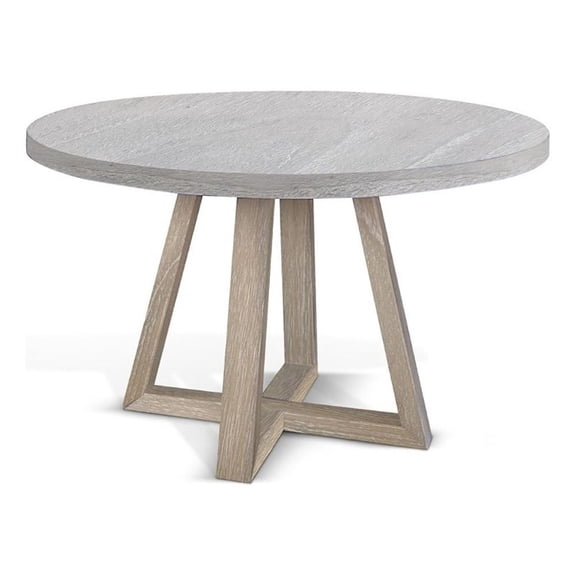 Benjara Dilly Dining Table- 60" Round- Pedestal Base- Wheat Light Gray Wood