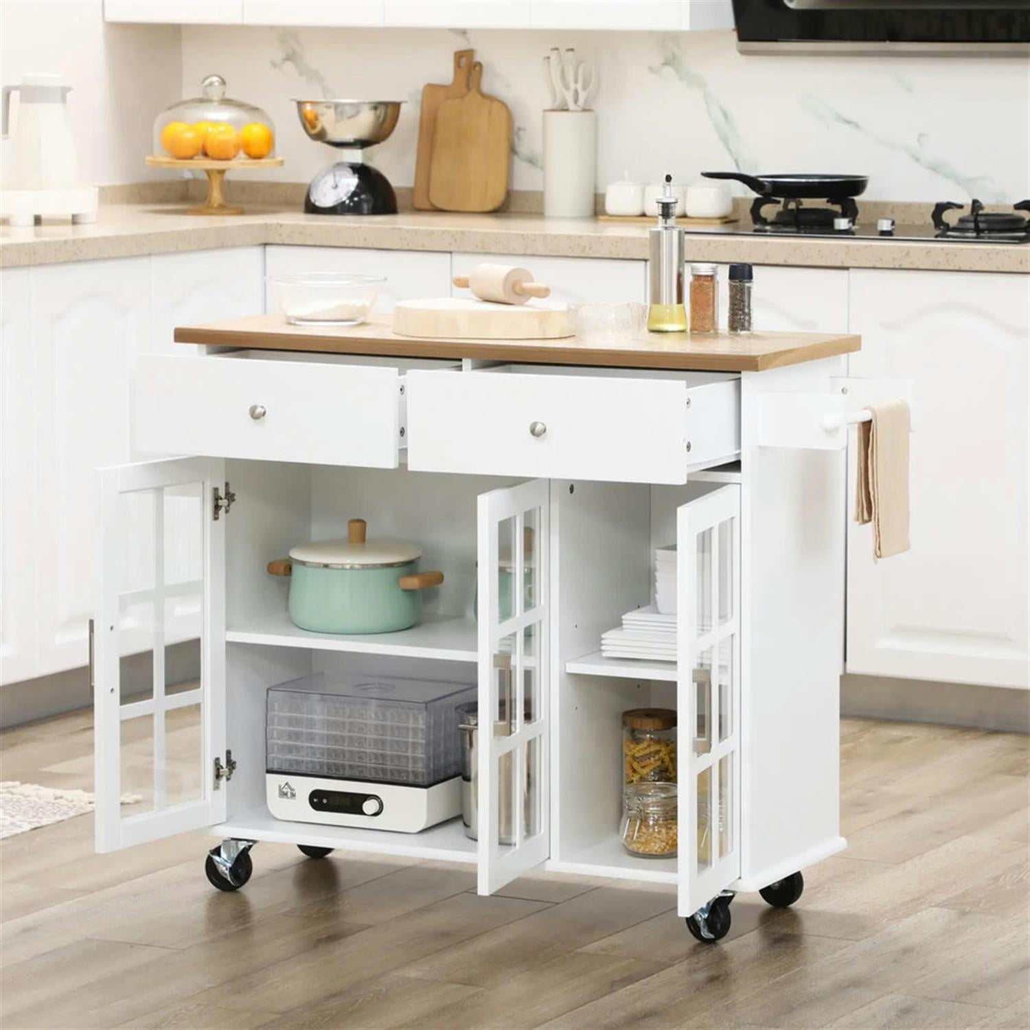 Demi Bonn 38" Kitchen Island Cart on Wheels with Storage, Rolling Dining Room Serving Utility Carts Mobile Movable with Wood Top and Drawer for Dining Room, White