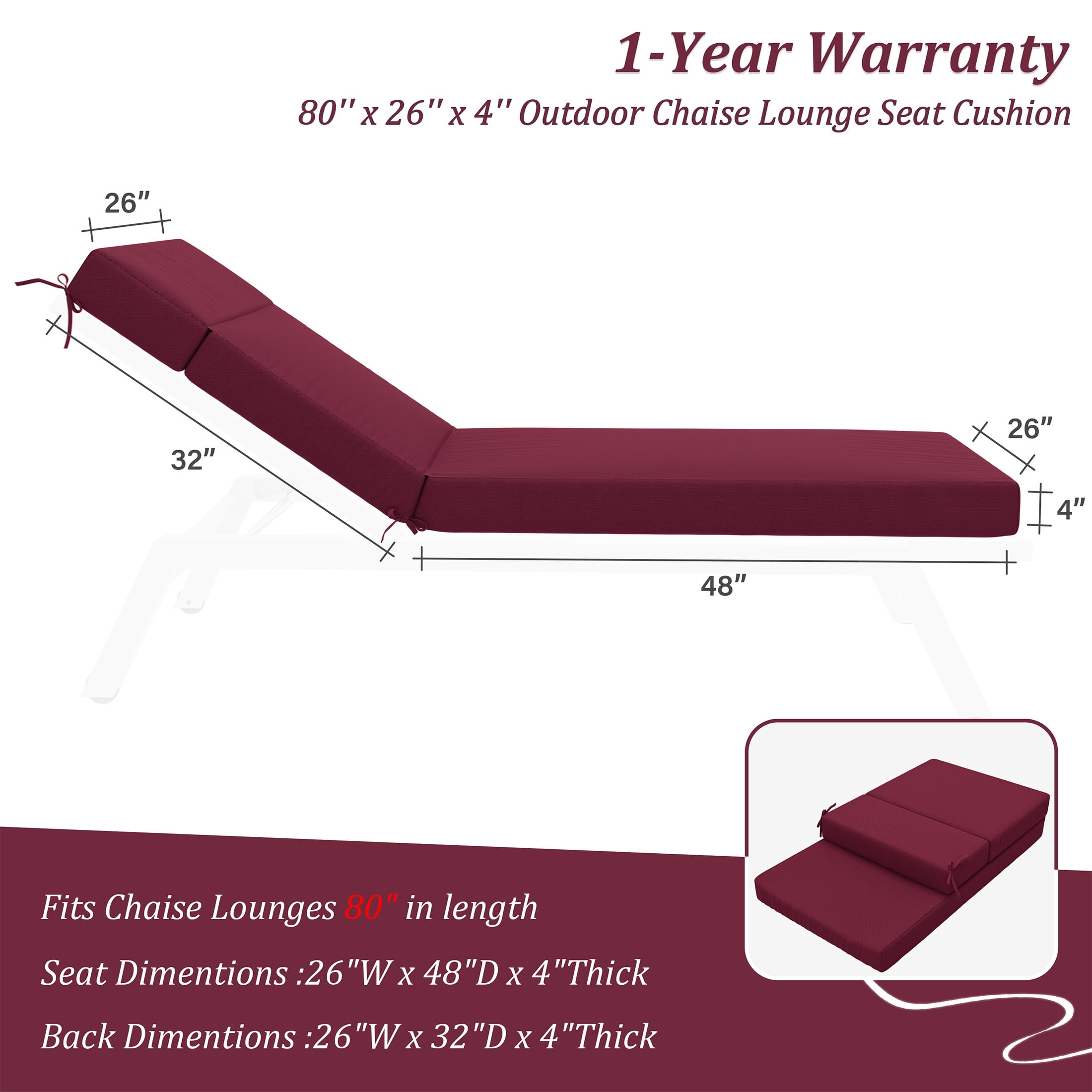 Pakunoda Chaise Lounge Cushions 80" x 26" x 4" Outdoor High-Density Foam Patio Furniture Lounger Replacement Cushions with Zipper Ties Water-Resistant for Pool, Burgundy