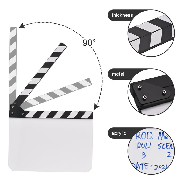 30 * 24cm/ 12 * 9in Acrylic Film Clapboard Movie Directors Clapper Board  Slate Cut Action Scene Blank Clap Board Dry Erase with White & Black Sticks