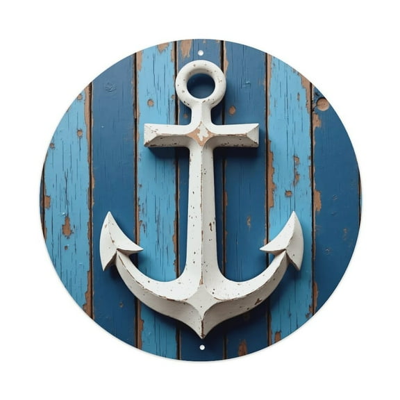 Vintage Wall Decor White Anchor Wooden Wall Plaque Sign Round Metal Tin Sign Round Welcome Door Hanging, Suitable for Home Garden Kitchen Bar Cafe Restaurant Garage Wall Decor 8x8 Inch