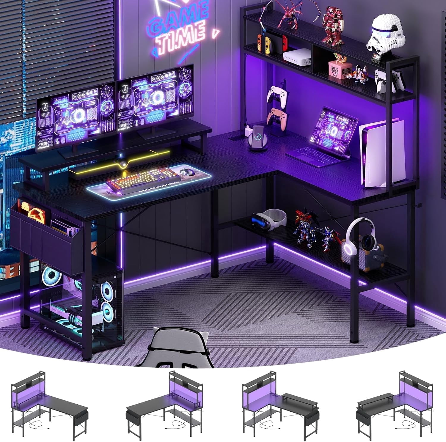 Homieasy L Shaped Gaming Desk with Power Outlets & LED Lights, Small L- Shaped Desk Computer Corner Desk with Monitor Stand & Storage Shelf, Home Office Desk Writing Desk with Storage Bag, Black