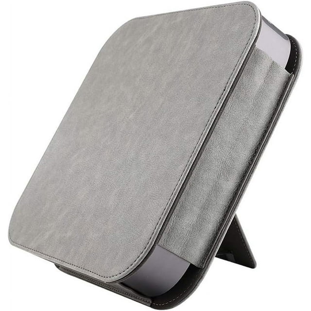 XIHAMA Compatible Apple Mac Mini Protective Case in grey, designed for Apple Mac Mini (2018) models. A premium laptop accessory with PU leather exterior, microfiber interior, and folding stand function for convenience. Provides full-body protection against impacts, scratches, drops, and dust, with heat dissipation design for optimal performance. Compact and lightweight, suitable for storage or transport.