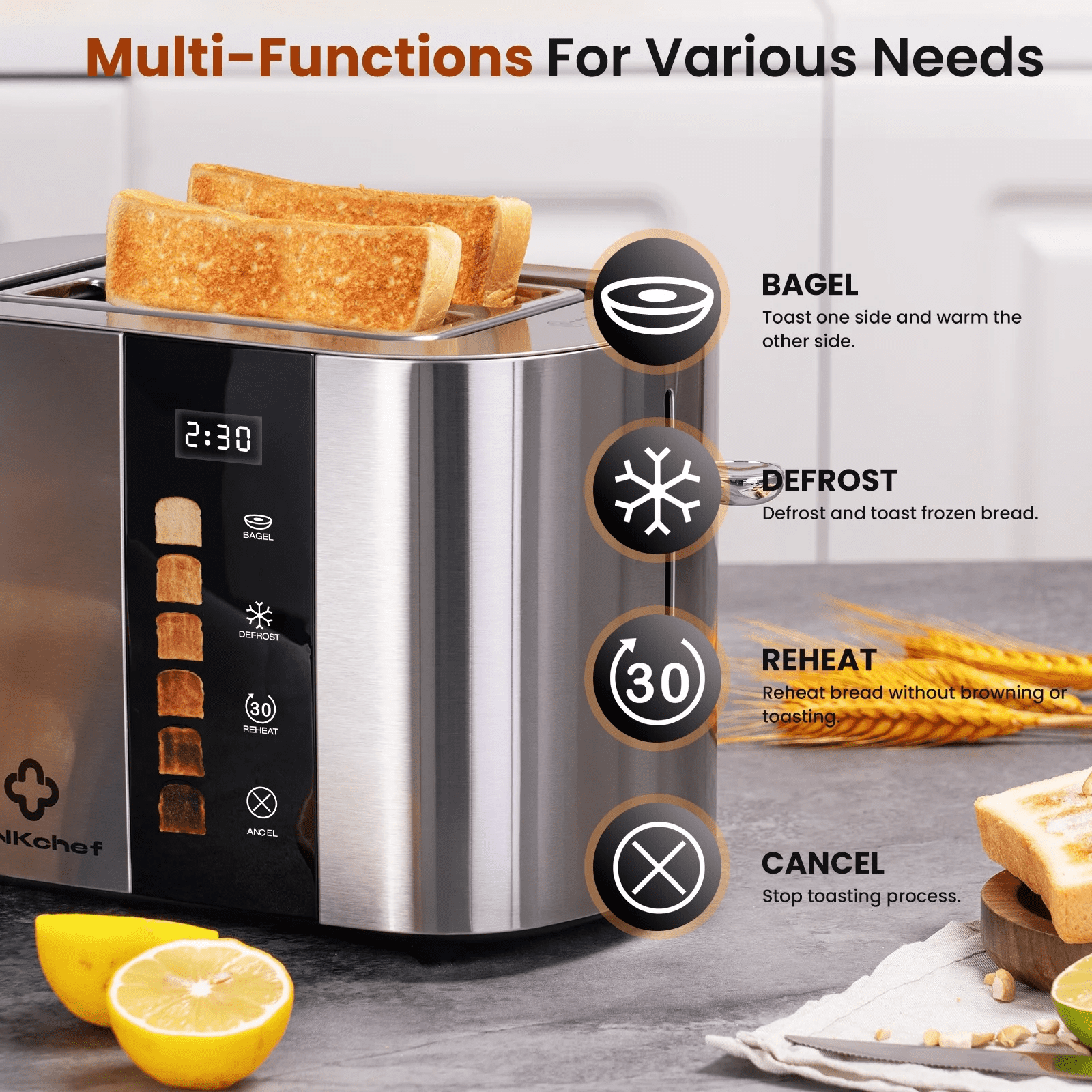 Touch Screen 2-Slice Toaster, Stainless Steel, 6 Shade Settings, Timer Countdown