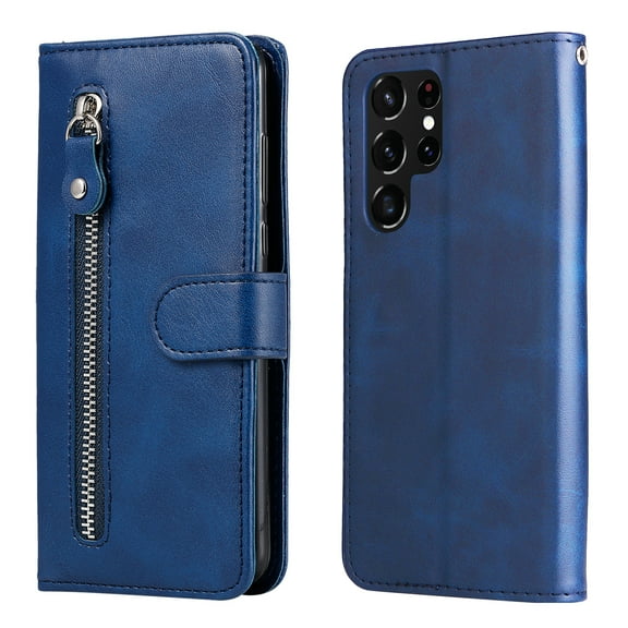 Zipper Wallet Case for Samsung Galaxy S23 Ultra, Glossy Luxury Faux PU Leather Soft Silicone Shockproof Flip Folio Cover with Card Slots Pocket Magnetic Clasp Kickstand Fashion Case,Blue