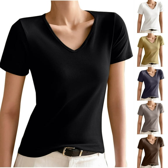 Stylish Olyvenn Basic Womens V Neck Short Sleeve T Shirt Slim Fit Tees Summer Y2k Going Out Fitted Tops Sexy Tight Shirts Black XXL