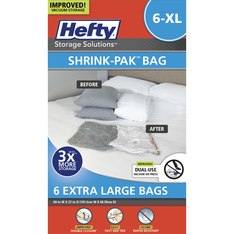 Hefty Shrink-Pak – 3 Large and 3 XL Vacuum Seal Storage Bags – Space Saver  Bags for Clothing, Pillows, Towels, or Blankets, 3 x Large and 3 x XL Bags  in 2023