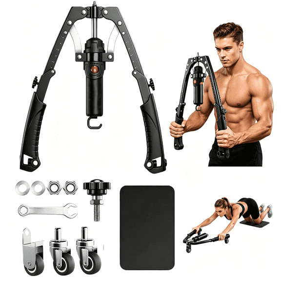 Twister Arm Trainer, 3 in 1 Hydraulic Power Chest Workout Equipment with Ab Roller Wheels and Hooks, Adjustable 22-440lbs Arm Trainer for Men Women, Home Gym Equipment for Full Body Strength Training