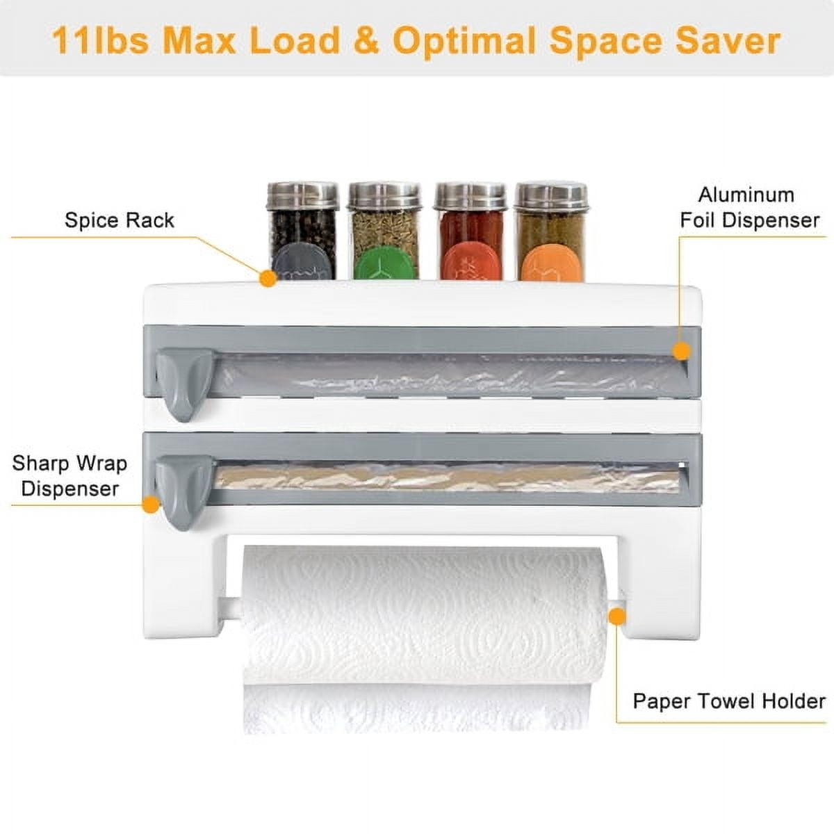 4-in-1 Wall Mount Kitchen Dispenser Rack: Spice Shelf, Paper Towel Holder, Foil/Wrap Cutter - ABS Stainless Steel, 11lb Capacity