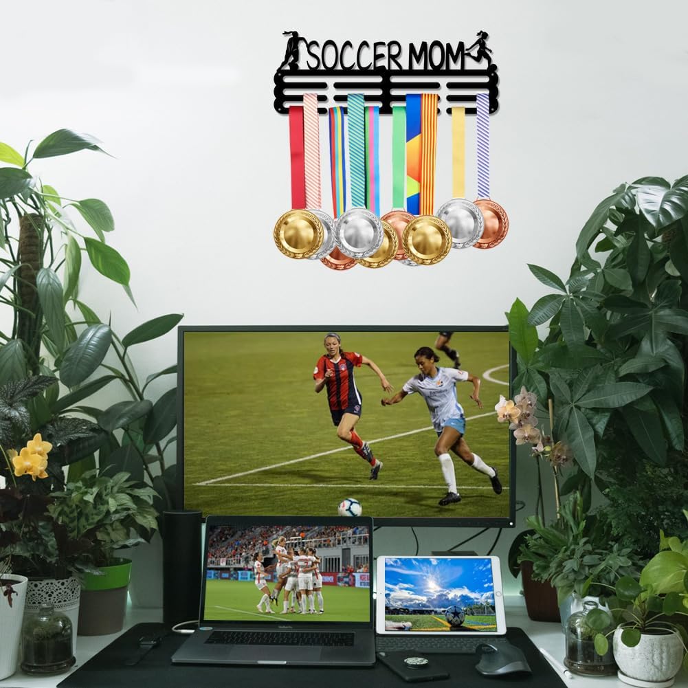 Soccer Medal Hanger Holder Display Soccer Mom Female Sports Medals Display Rack Wall Mount Iron Ribbon Hook Hanger Decor for Athletes Players Mom Capacity 15KG Black