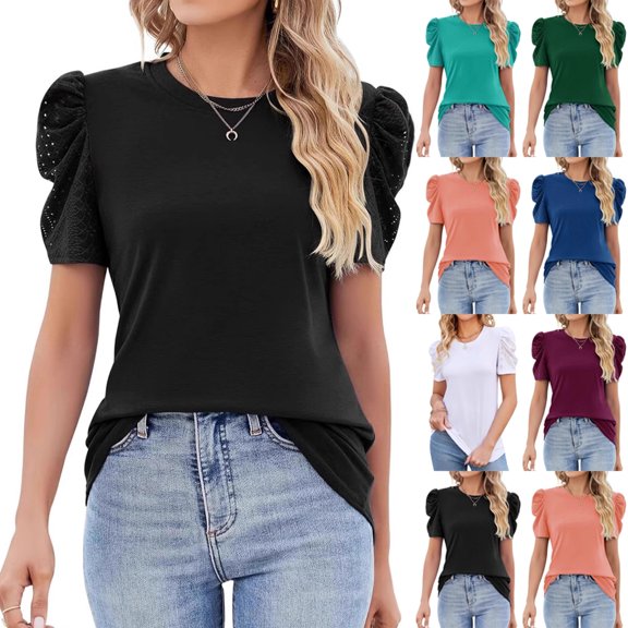 Women's Short Sleeve Summer Top Crewneck Pleated Puff Sleeve Blouse Ribbed Casual Shirts,Black M