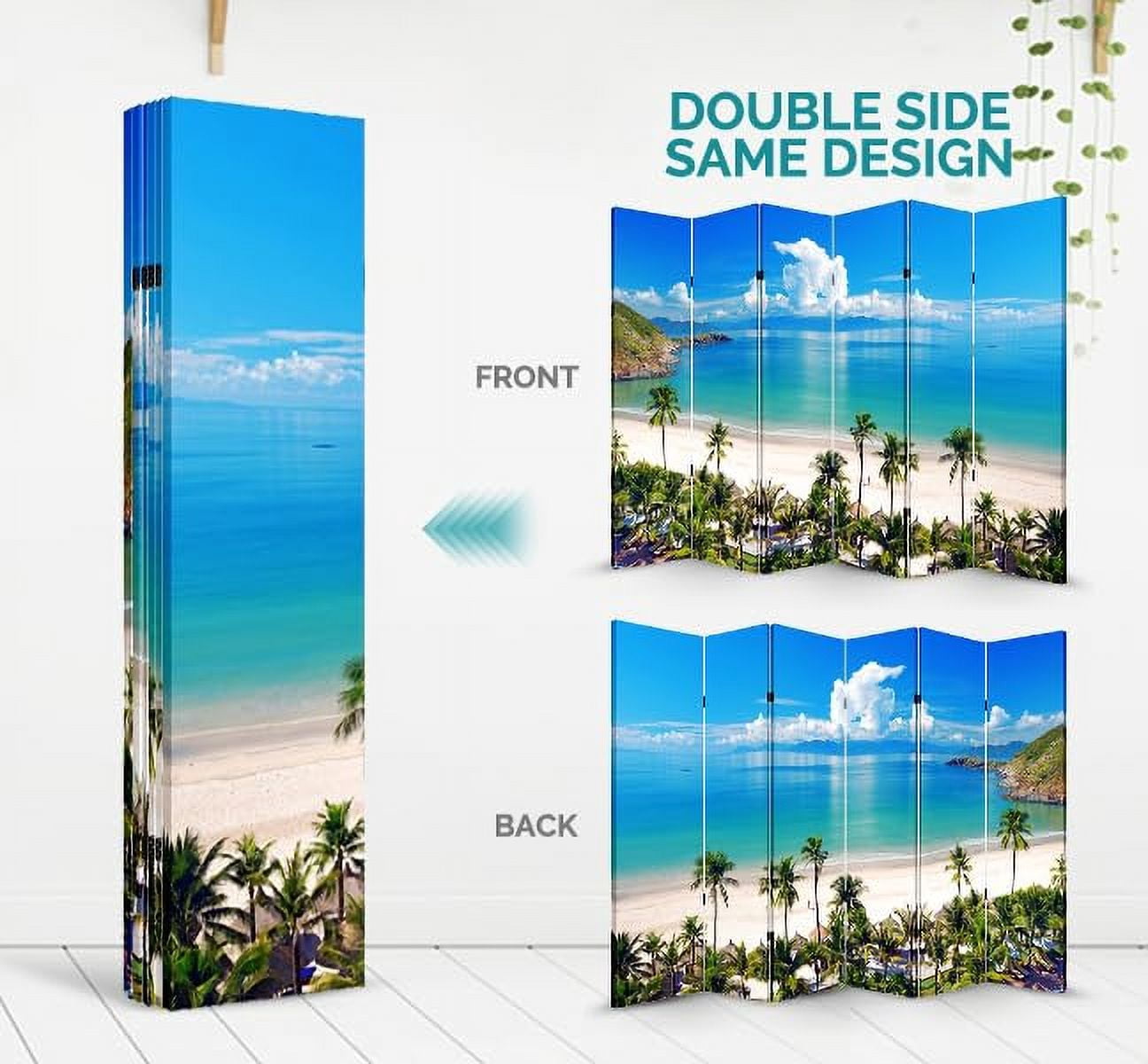 4 Panels Privacy Screen Room Divider Partition with Beach Hut Canvas, Water Resistant for Living Room, Bathroom, Home Office or College Dorm, Wood Frame
