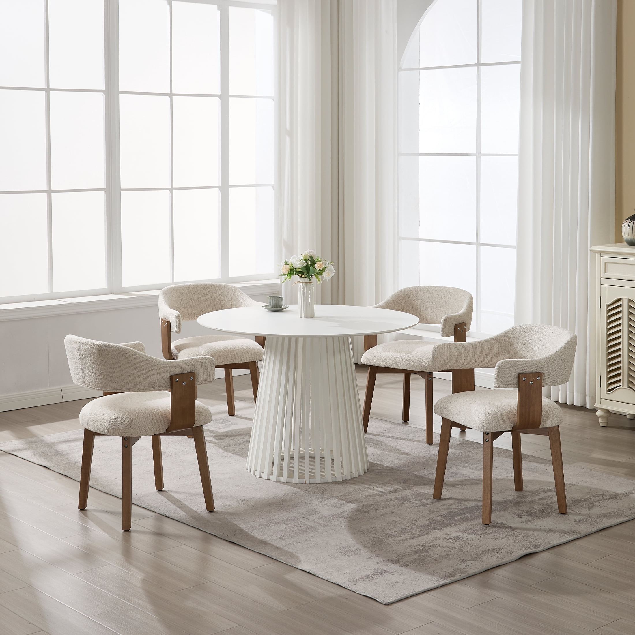 Guyou Modern Dining Chair Set of 2, Chenille Upholstered Dining Room Armchair with Curved Backrest, Mid-Century Wooden Kitchen Side Chairs for Dining Room Living Room, Beige