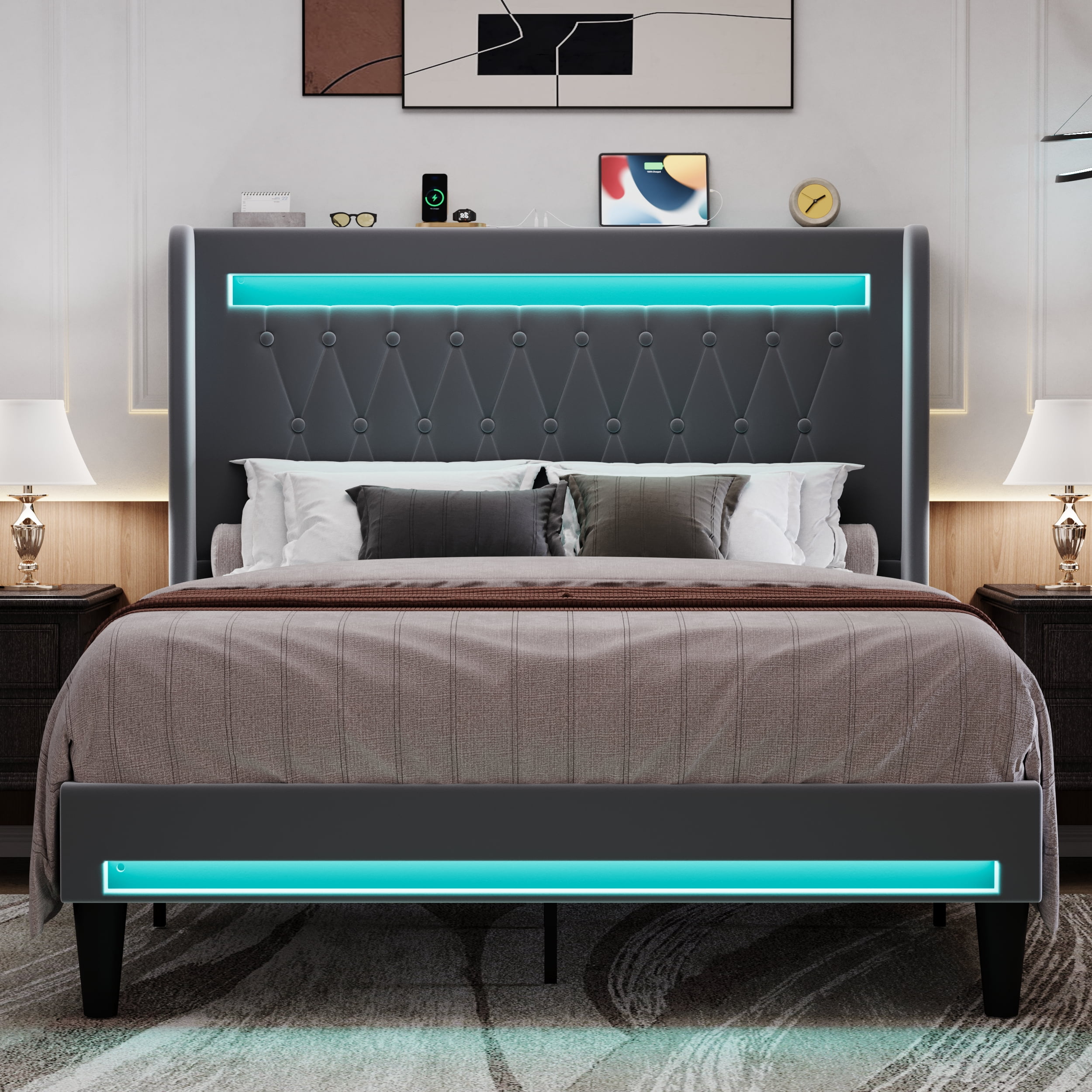 Amolife Queen Size LED Bed Frame, Upholstered Velvet Platfrom Bed with Charging Station, High Wingback Headboard & 2 Lights, No Box Spring Needed, 900 LBS Capacity, Gray