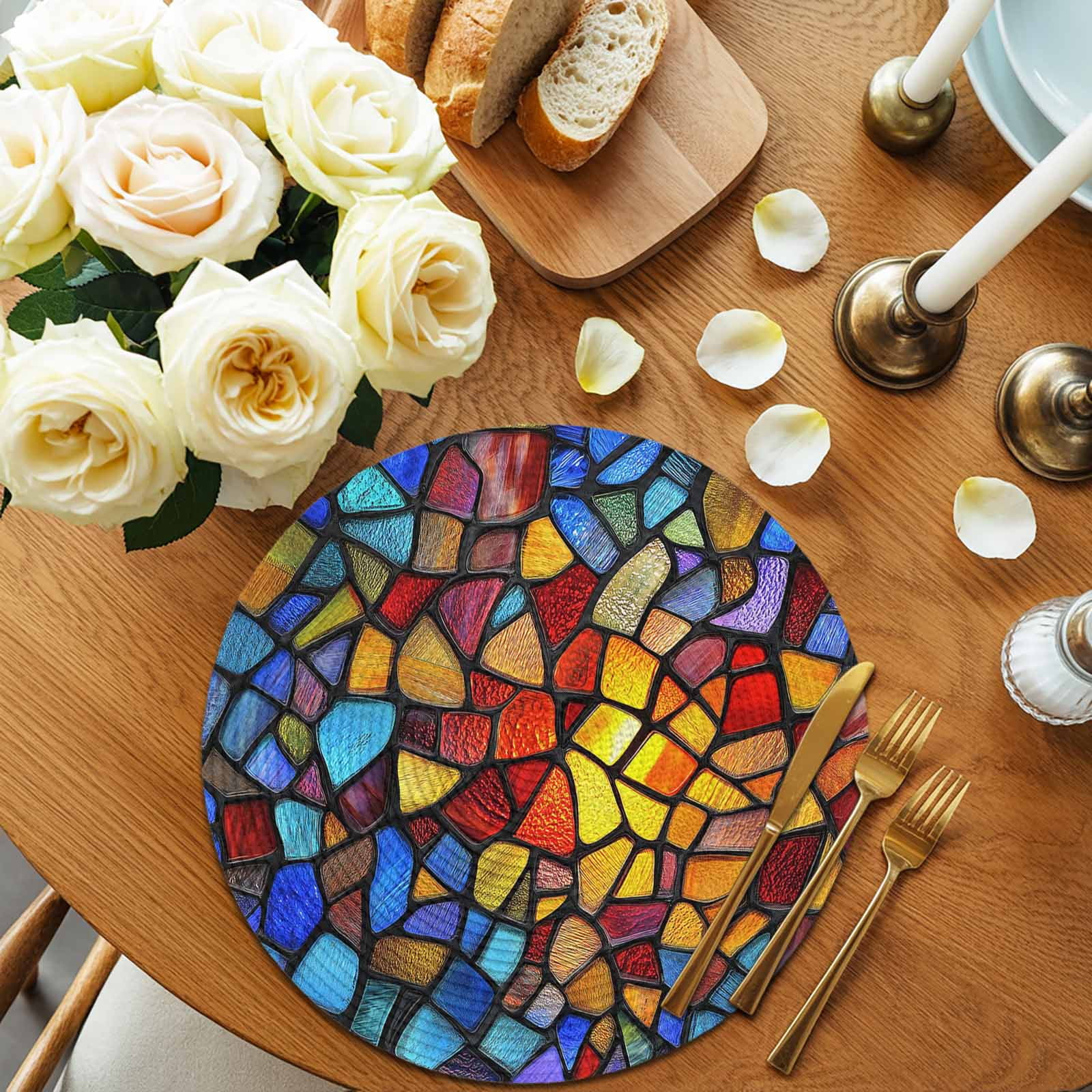 Blue Red Yellow Round 15 Inch Placemats Set of 8, Modern Colored Rainbow Stained Glass HeatResistant Non Slip Place Mats for Dining Table, Wipeable Braided Kitchen Table Mats for Housewarming