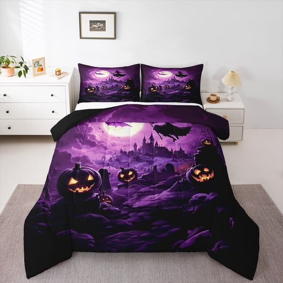 jejeloiu Spooky Pumpkin Lantern Bedding Comforter Set,Cartoon Halloween Witch Twin Comforter Sets,Spooky Castle Bedding Set For Boys Teens,Ultra Soft Home Decor Reversible,2 Pieces