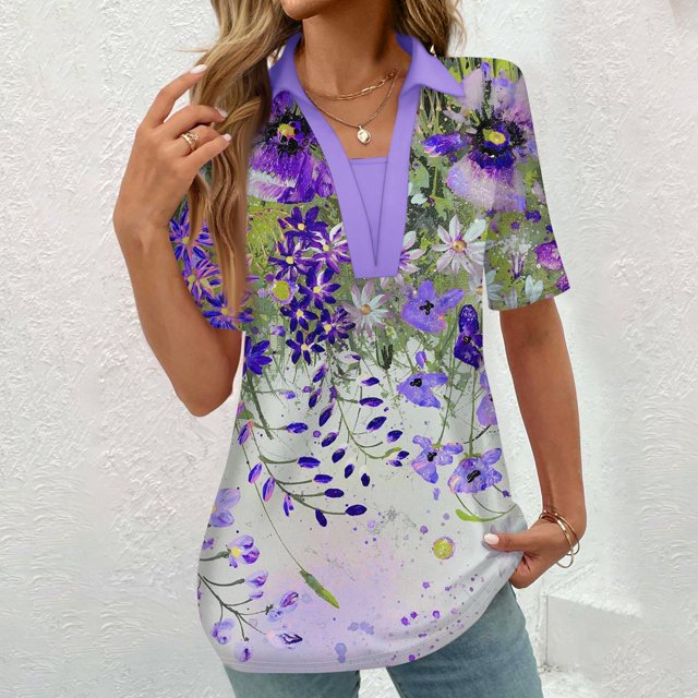 Women's Printed Blouse Short Sleeve Turn Down Collar T-Shirt Top Casual Comfortable Polyester Solid Pattern Fashion Spring Summer Party Work