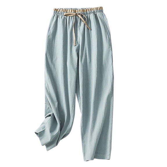 Cotton Linen Harem Pants for Women Drawstring Solid Color Capri Trousers with Pockets Winter Casual Loose-Fit Pant