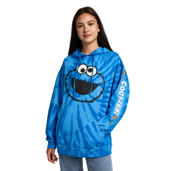 Sesame Street Cookie Monster Cookies Women's Blue Tie-Dye Long Sleeve Fleece Hooded Sweatshirt-Small