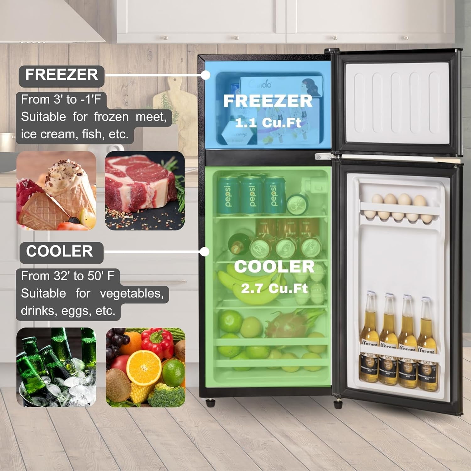 GGTB 3.5 Cu Ft Refrigerator with Freezer, 2 Doors Refrigerator, Fridge for Bedroom, Kitchen, Dorm, Apartment, Garage, Office