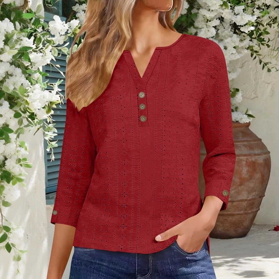 Wowcloth Casual Blouse for Woman, Solid Color Jacquard Button-Up V-Neck with Three-Quarter Sleeves for Daily Wear