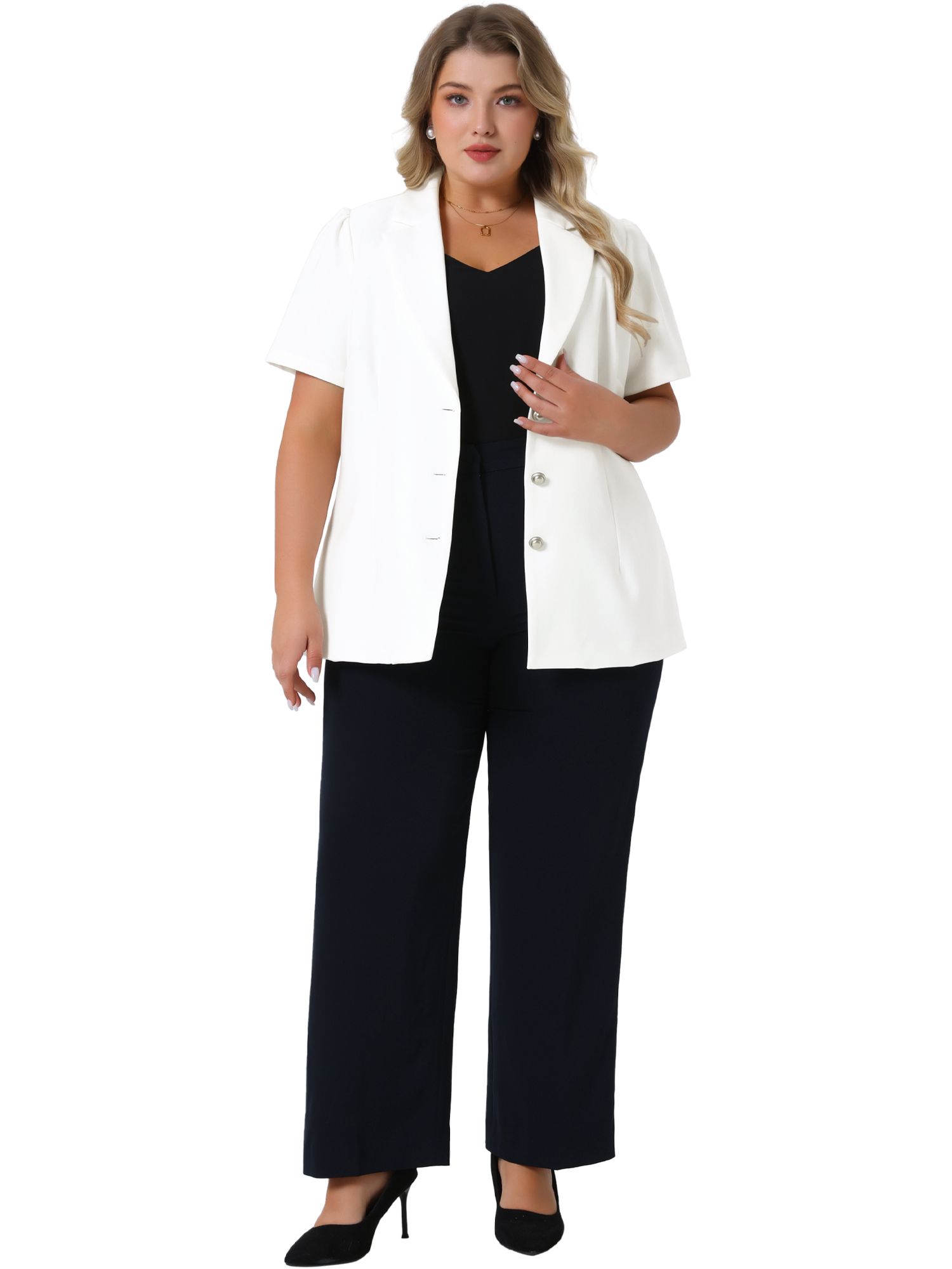 DARING DIVA Women's Plus Short Puff Sleeve Notched Lapel Blazer Jackets White 4X