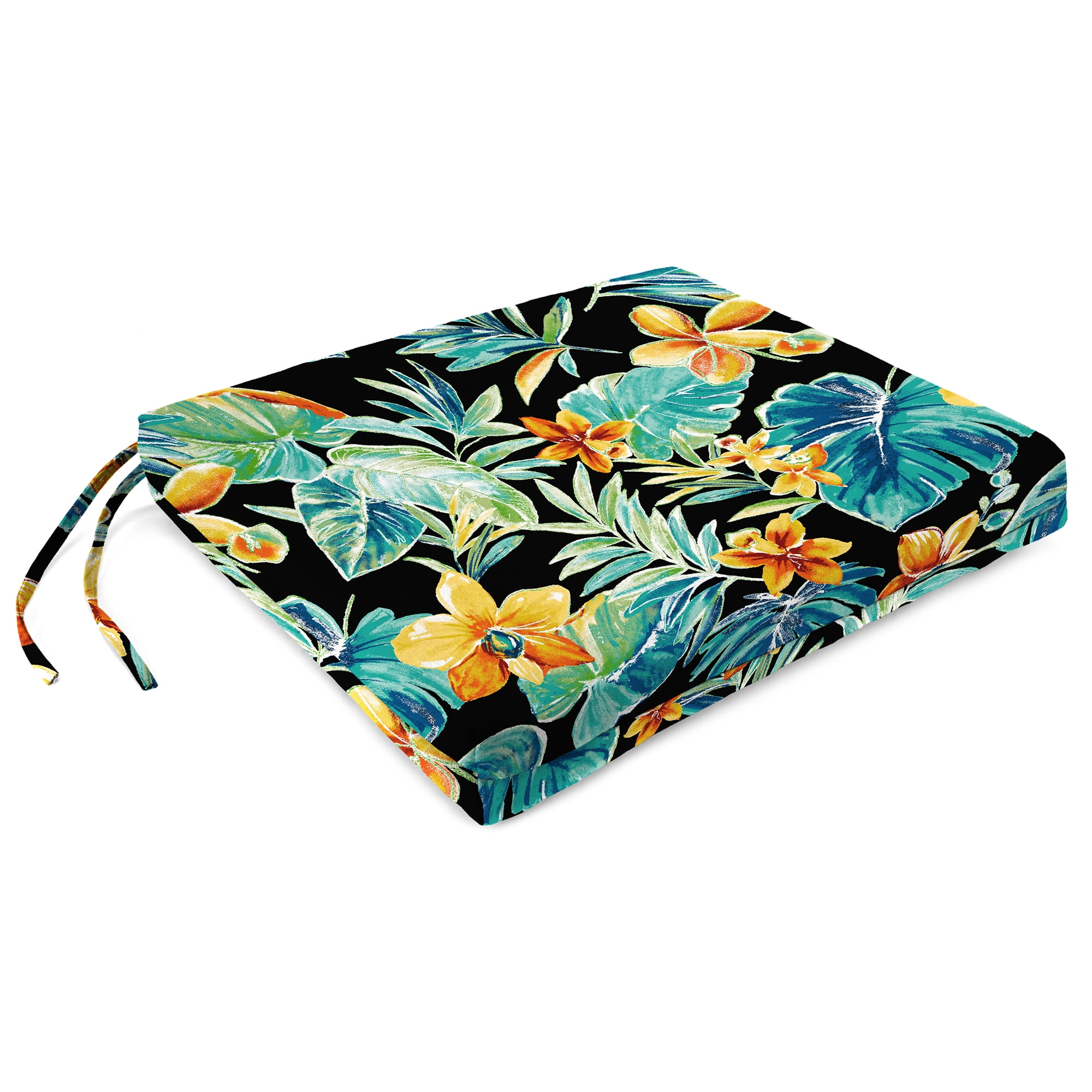 Jordan Manufacturing 17" x 19" Beachcrest Caviar Black Floral Rectangular Outdoor Chair Pad Seat Cushion with Ties (2 Pack)