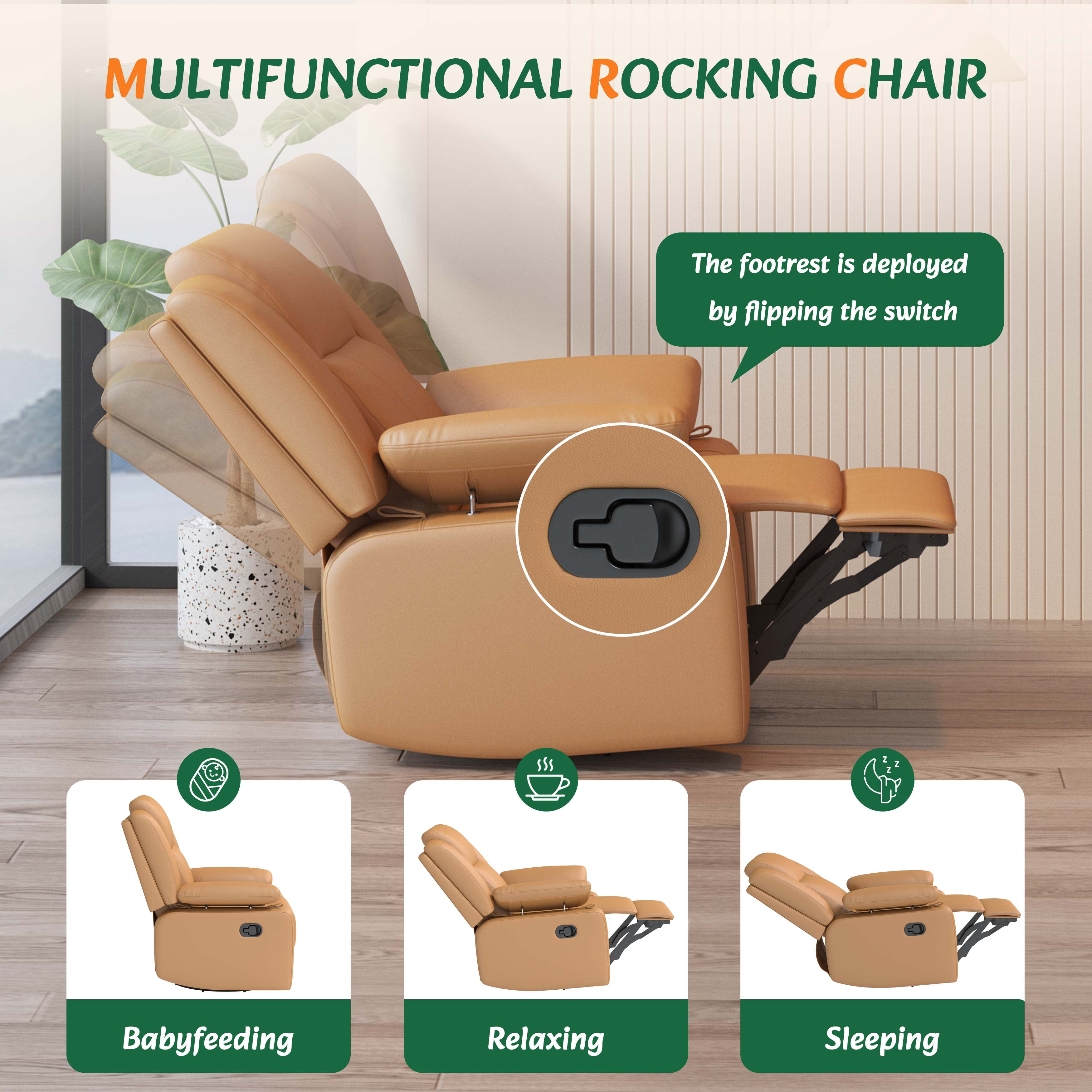 LAZZO Recliner Chair with Adjustable Armrest and Headrest, Upholstered Swivel Rocking Chair for Nursery & Living Room, Brown
