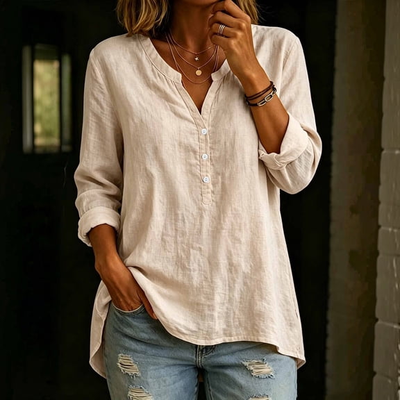 Linen Shirts for Women Button V Neck Long Sleeve Tops Dressy Casual Loose Blouses, S