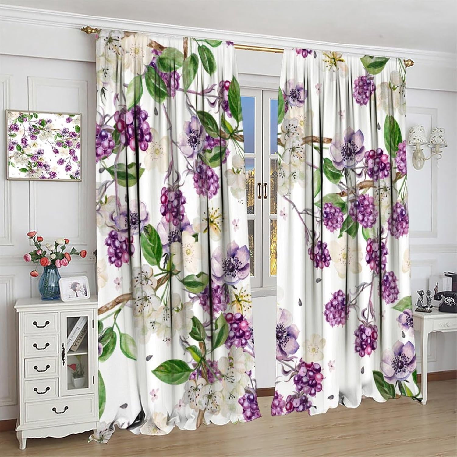 Purple Floral Curtains Spring Watercolor Flowers BlackBerry and Anemone Pattern Print Living Room Curtains for Women Girls Room Window Blackout Curtains 84x84 Inches 2 Panels